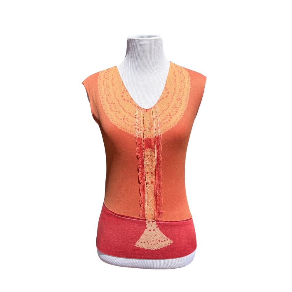 Y2K Maria Vazquez Sunset Orange Lace Sleeveless Tank Top